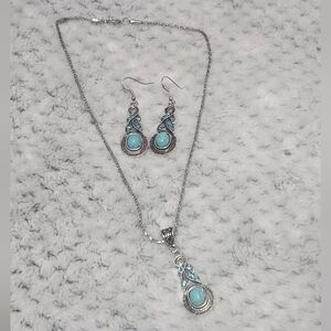 Boho Vintage Style Turquoise Jewelry Set - Synthetic Stone Pendant Necklace